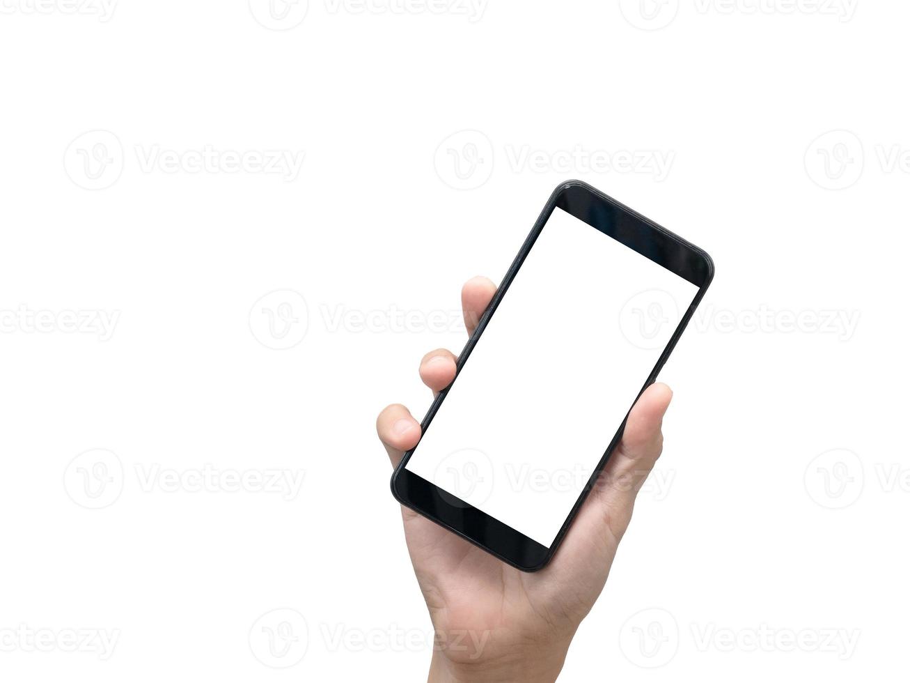 mano de hombre sosteniendo un teléfono inteligente aislado, mano masculina mostrando la pantalla blanca del teléfono celular foto