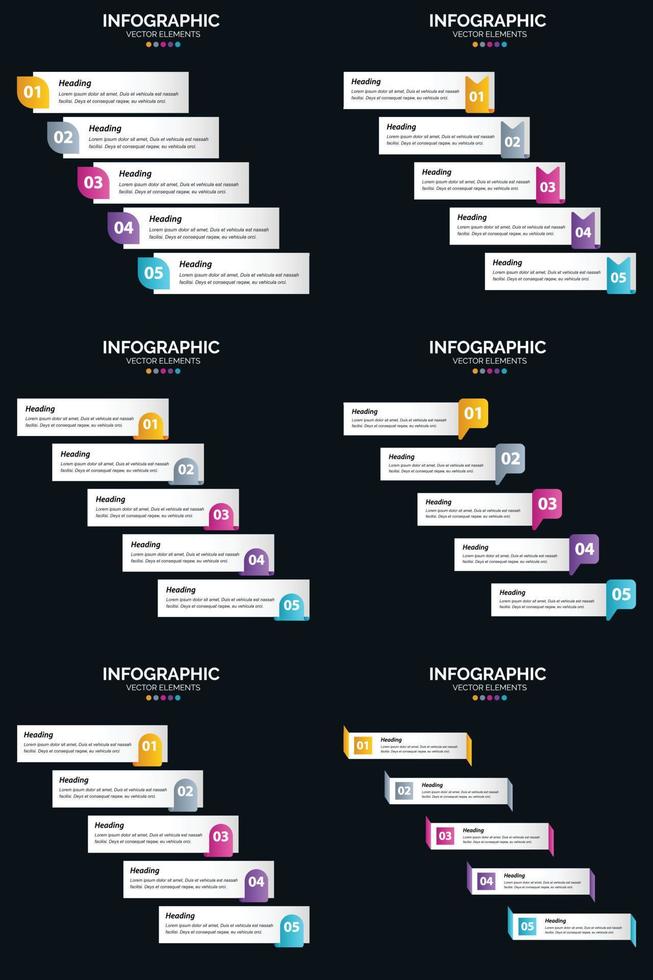 plantilla de diapositiva de presentación del paquete de infografías vectoriales 6 diagramas de ciclo de 5 pasos y líneas de tiempo vector