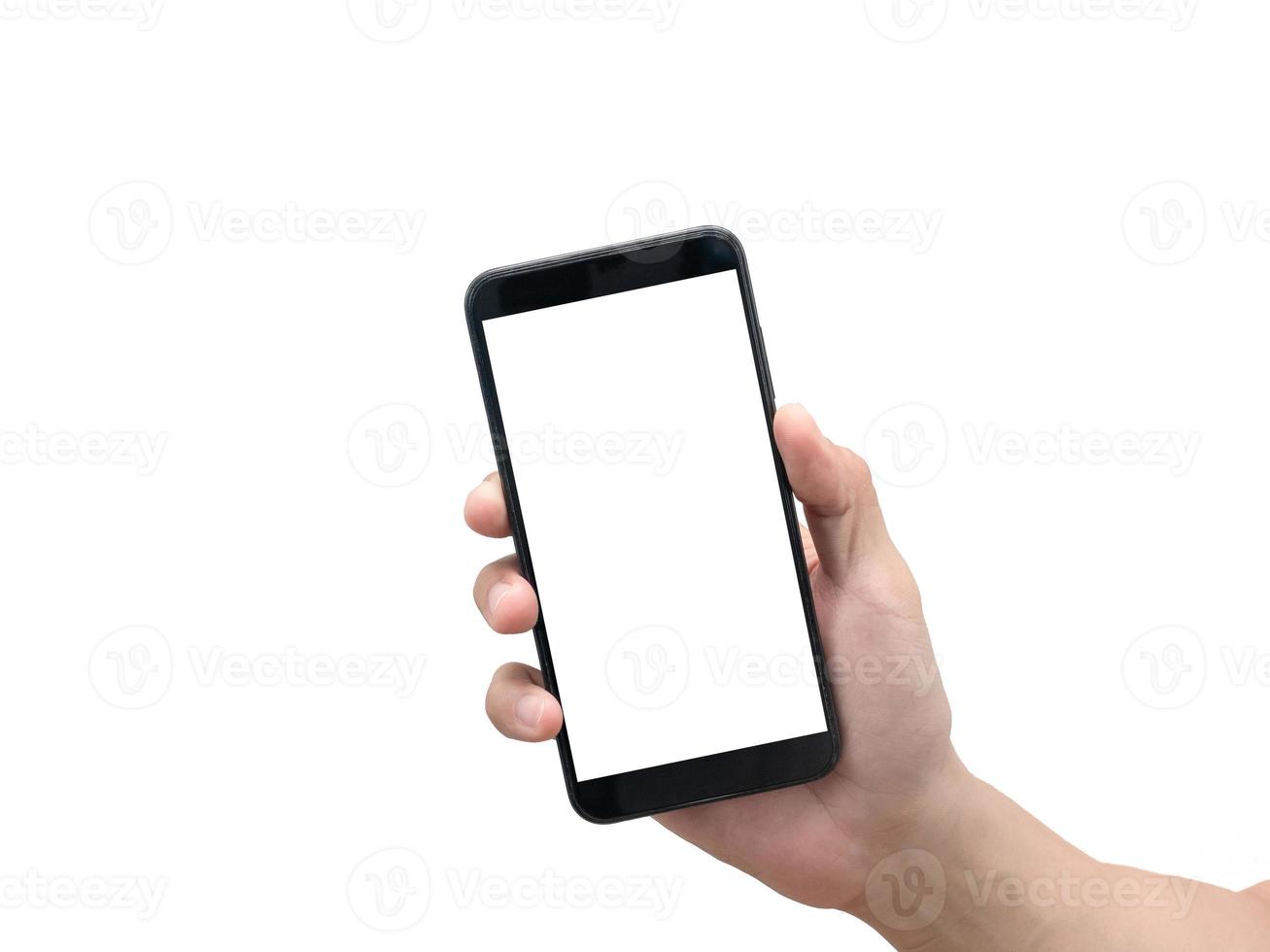 Man hand holding smartphone isolated,Male hand show cellphone white screen photo