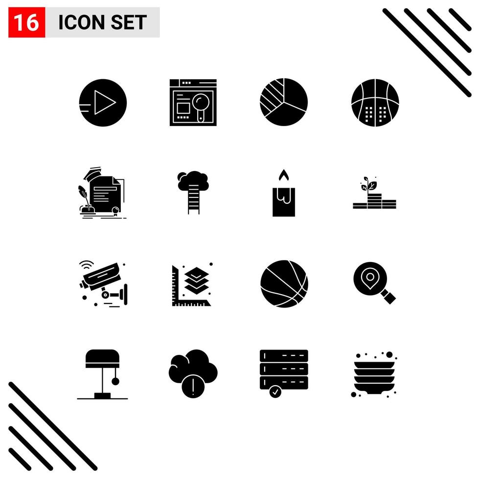 Pictogram Set of 16 Simple Solid Glyphs of award degree pie certificate game Editable Vector Design Elements