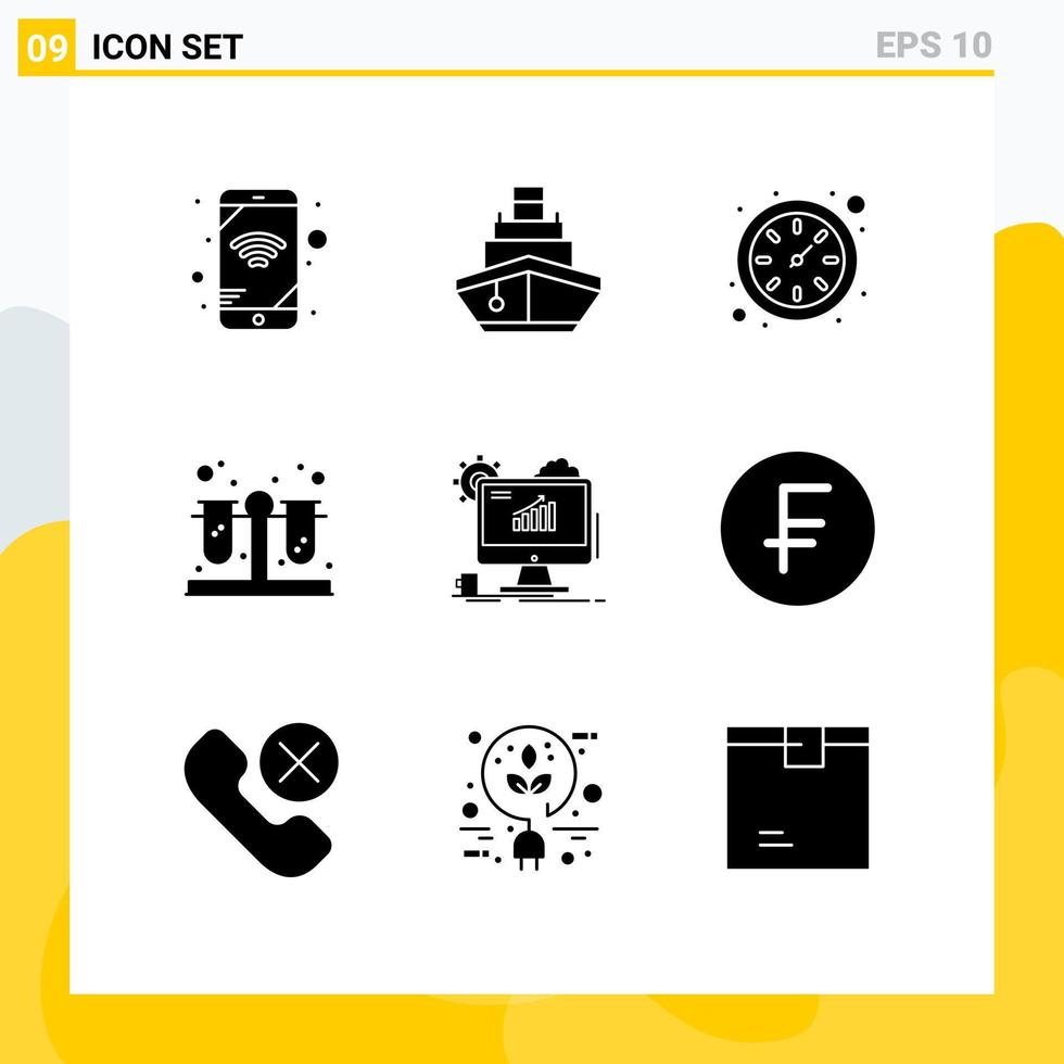 Modern Set of 9 Solid Glyphs and symbols such as web chart clock analytics test Editable Vector Design Elements