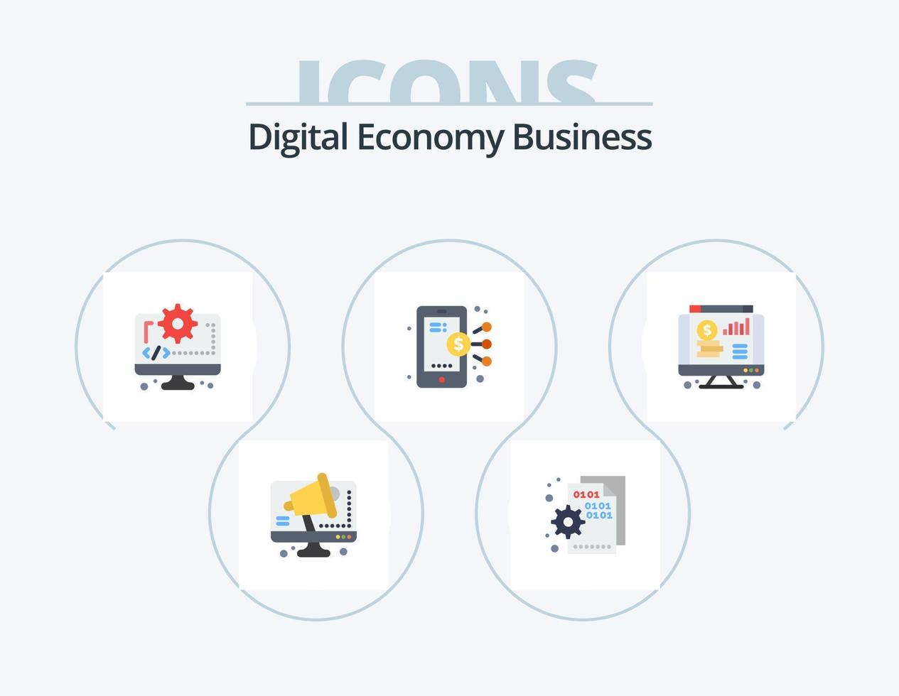 Digital Economy Business Flat Icon Pack 5 Icon Design. dollar. smartphone. setting. business. gear vector