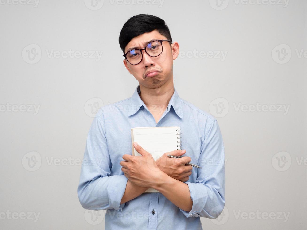 Businessman blue shirt feels bored about his working gesture tried isolated photo