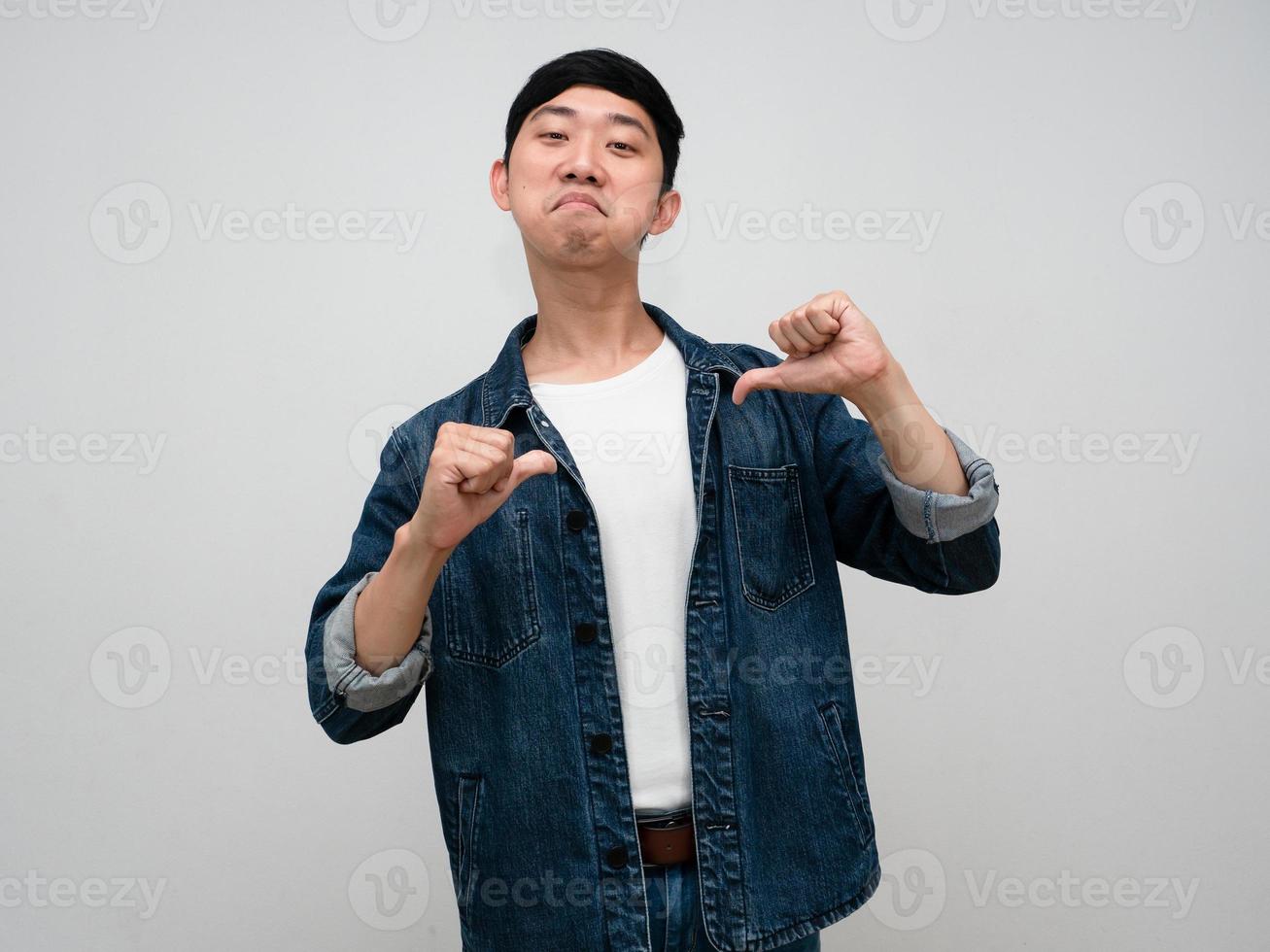 Asian man jeans shirt gesture point finger at himself arrogant isolated photo