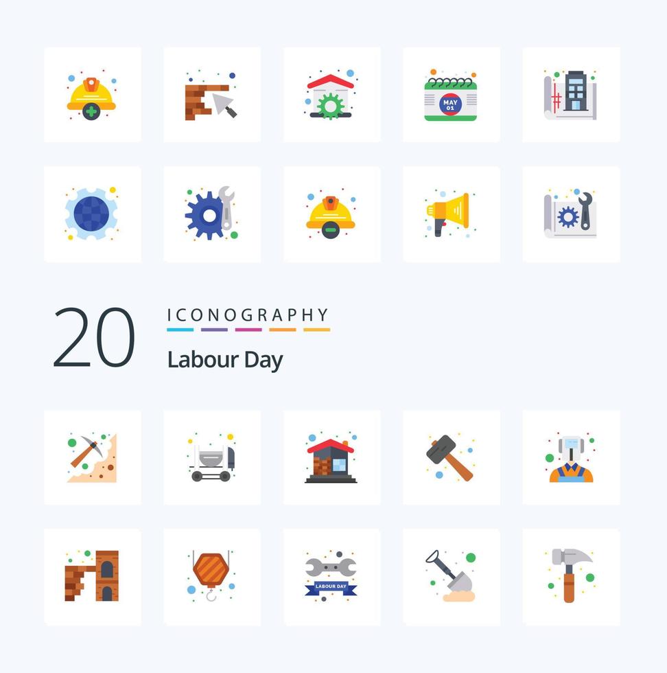 20 Labour Day Flat Color icon Pack like watch kit pound brick wall mallet wall vector