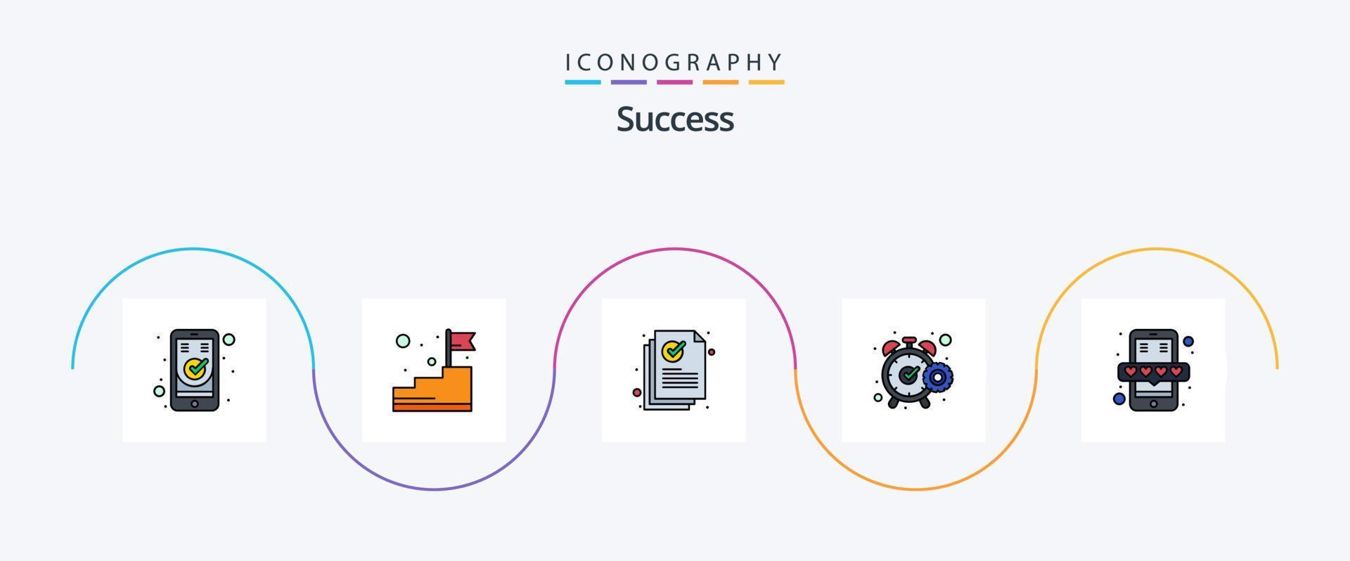 Sucess Line Filled Flat 5 Icon Pack Including timer. chronometer. goal. gear. document vector