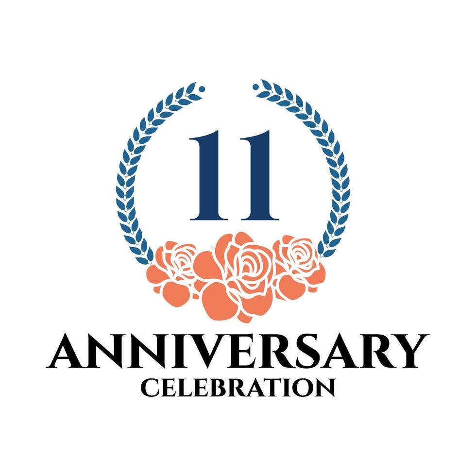 Logo del 11º aniversario con corona de rosa y laurel, plantilla vectorial para celebración de cumpleaños. vector