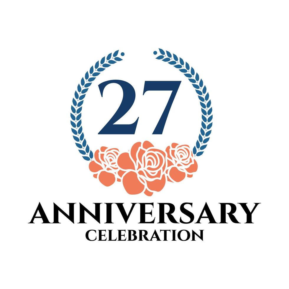 27th anniversary logo with rose and laurel wreath, vector template for birthday celebration.