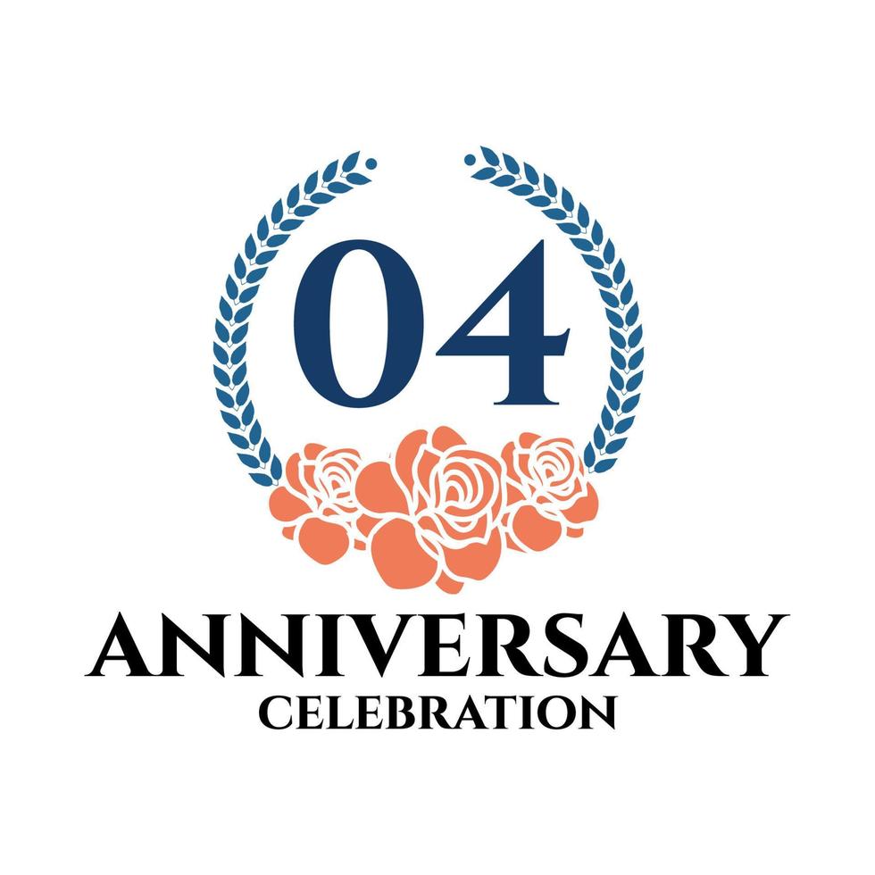 04th anniversary logo with rose and laurel wreath, vector template for birthday celebration.