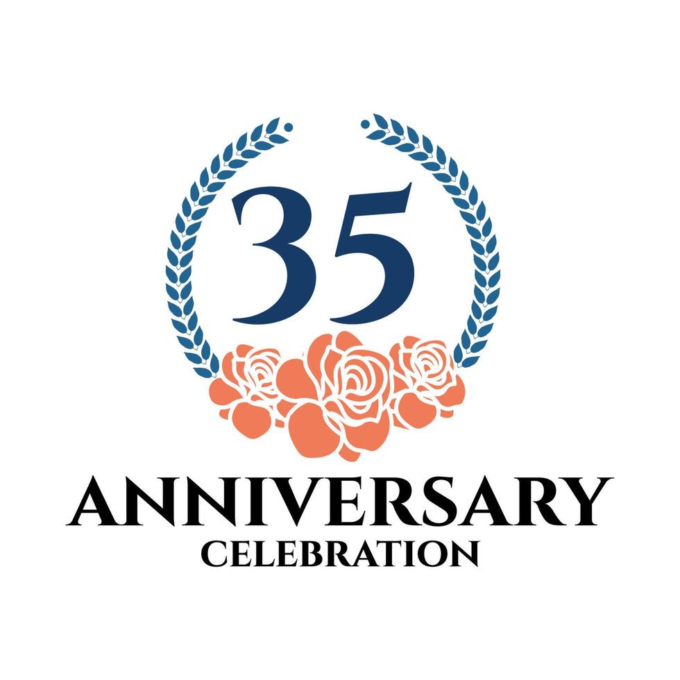 35th anniversary logo with rose and laurel wreath, vector template for birthday celebration.