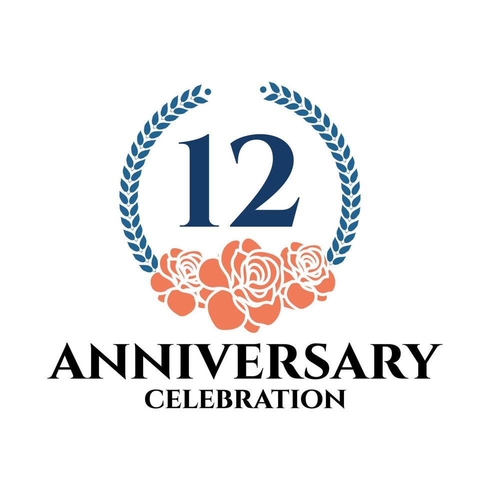 12th anniversary logo with rose and laurel wreath, vector template for birthday celebration.