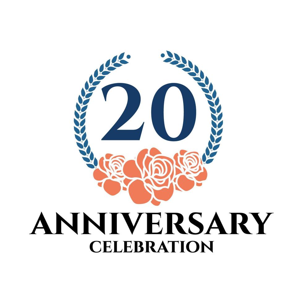 20th anniversary logo with rose and laurel wreath, vector template for birthday celebration.