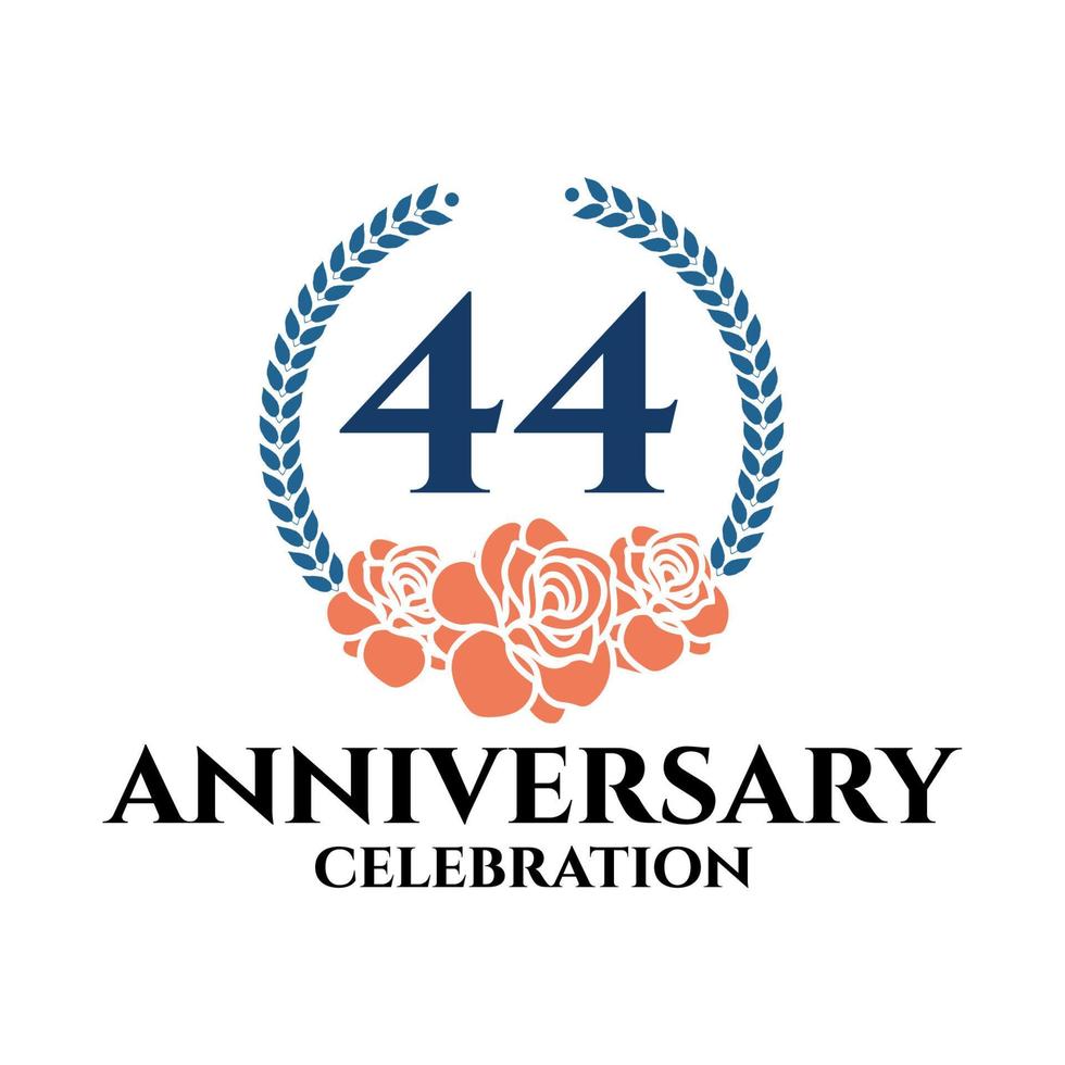 44th anniversary logo with rose and laurel wreath, vector template for birthday celebration.