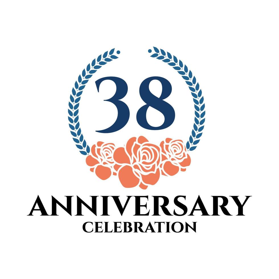 38th anniversary logo with rose and laurel wreath, vector template for birthday celebration.