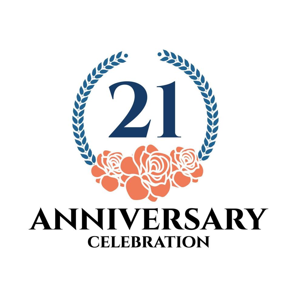 21st  anniversary logo with rose and laurel wreath, vector template for birthday celebration.