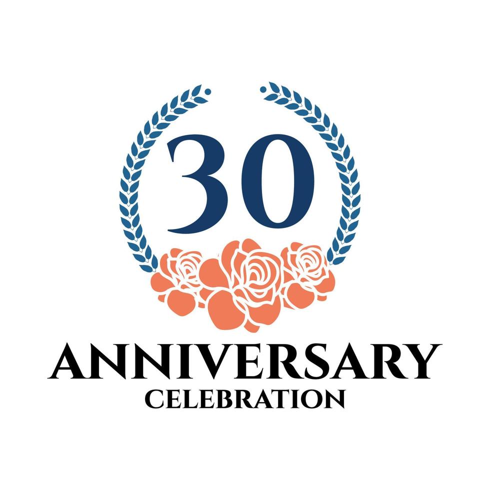 30th anniversary logo with rose and laurel wreath, vector template for birthday celebration.