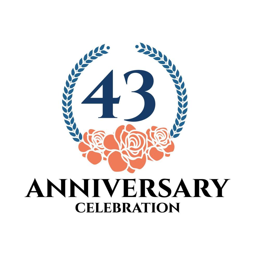 43rd anniversary logo with rose and laurel wreath, vector template for birthday celebration.