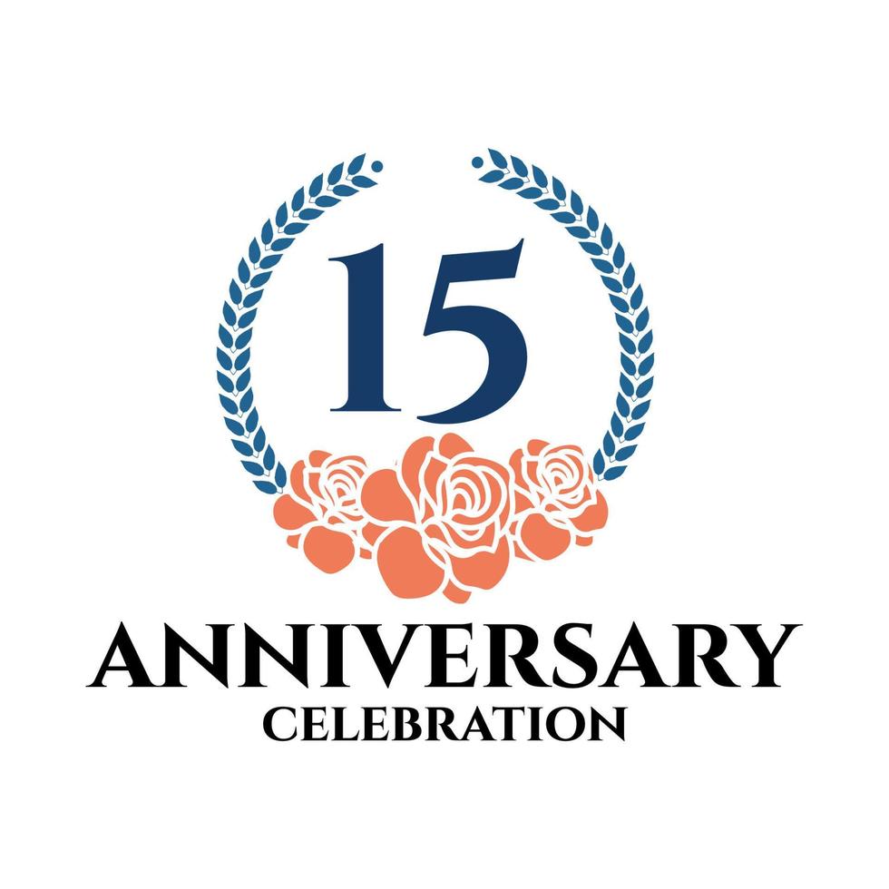 Logotipo del 15º aniversario con corona de rosa y laurel, plantilla vectorial para celebración de cumpleaños. vector