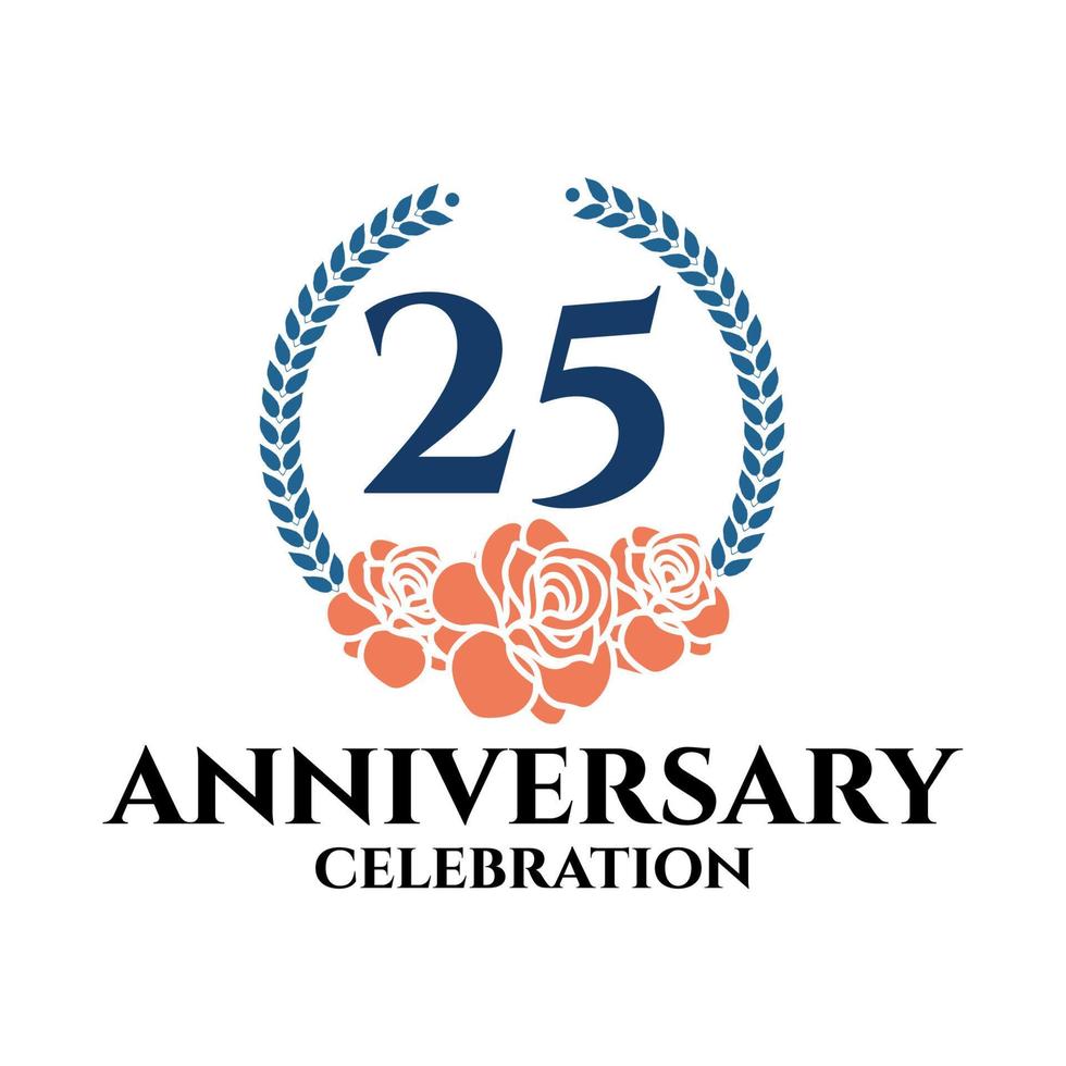 25th anniversary logo with rose and laurel wreath, vector template for birthday celebration.