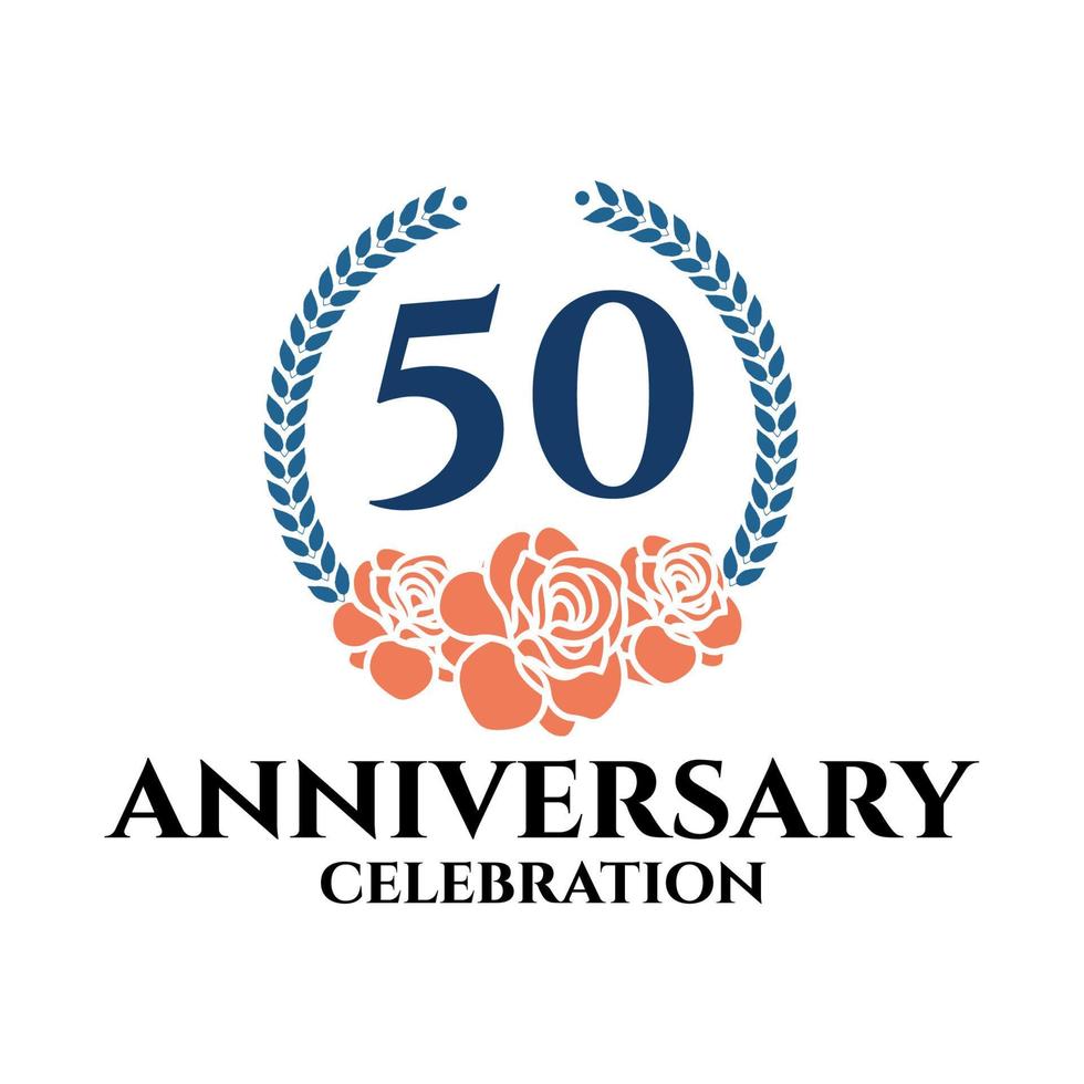 50th anniversary logo with rose and laurel wreath, vector template for birthday celebration.