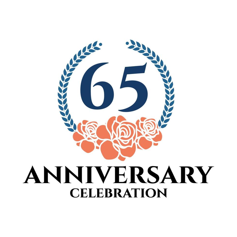 65th anniversary logo with rose and laurel wreath, vector template for birthday celebration.