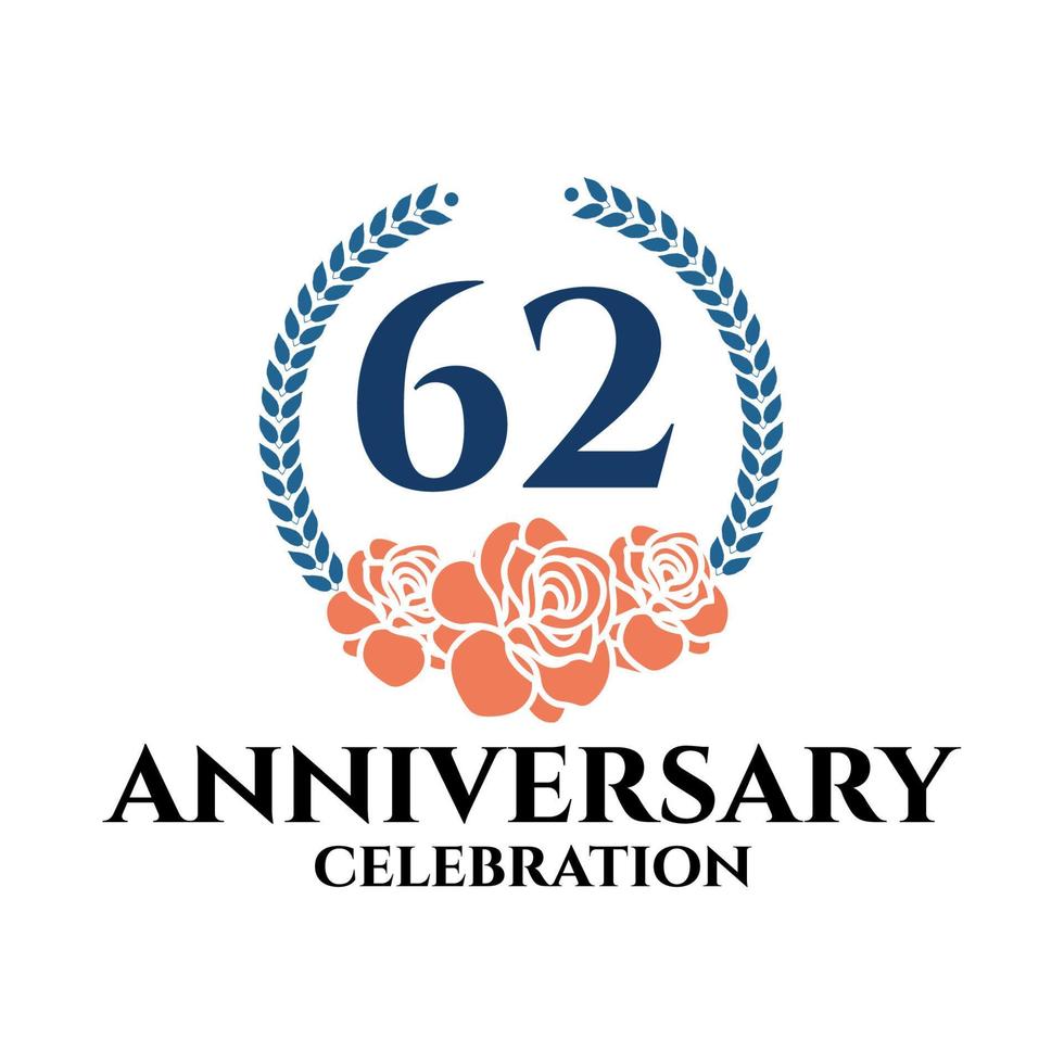 62nd anniversary logo with rose and laurel wreath, vector template for birthday celebration.