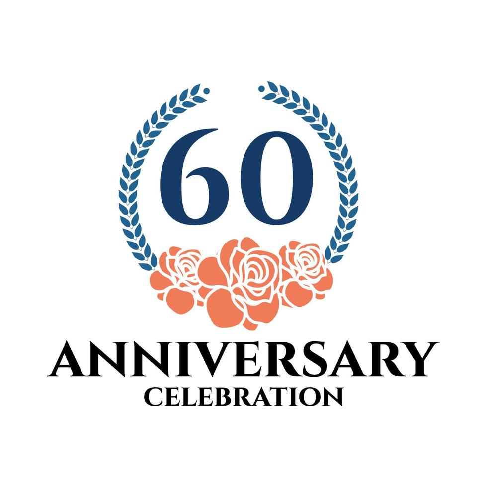 60th anniversary logo with rose and laurel wreath, vector template for birthday celebration.