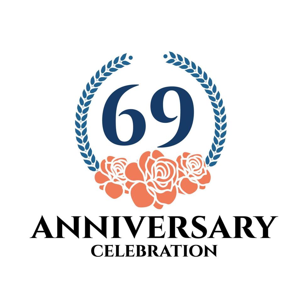 69th anniversary logo with rose and laurel wreath, vector template for birthday celebration.