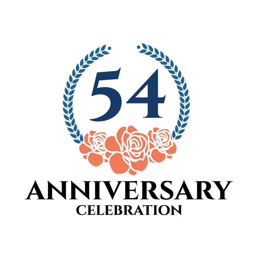 54th anniversary logo with rose and laurel wreath, vector template for birthday celebration.