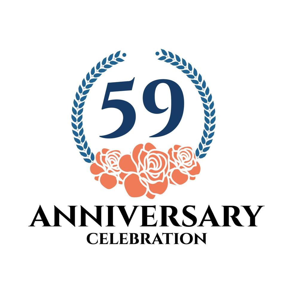 59th anniversary logo with rose and laurel wreath, vector template for birthday celebration.