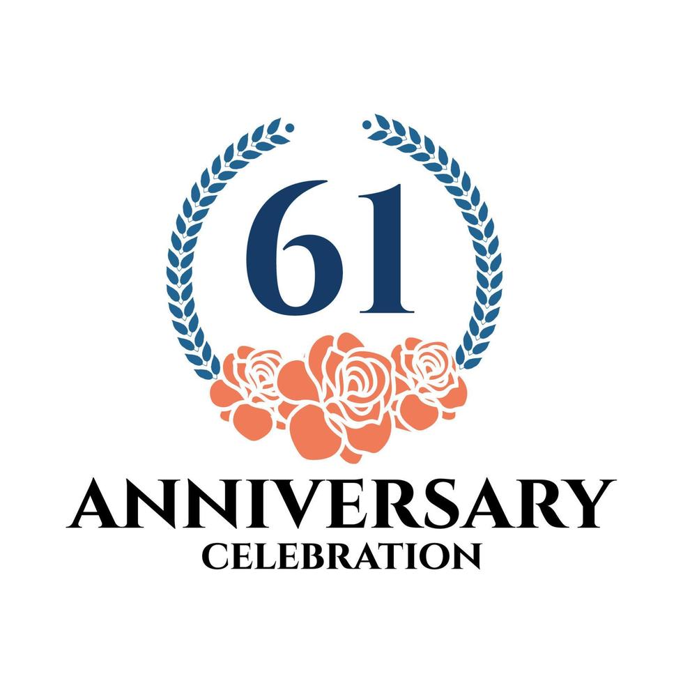 61th anniversary logo with rose and laurel wreath, vector template for birthday celebration.