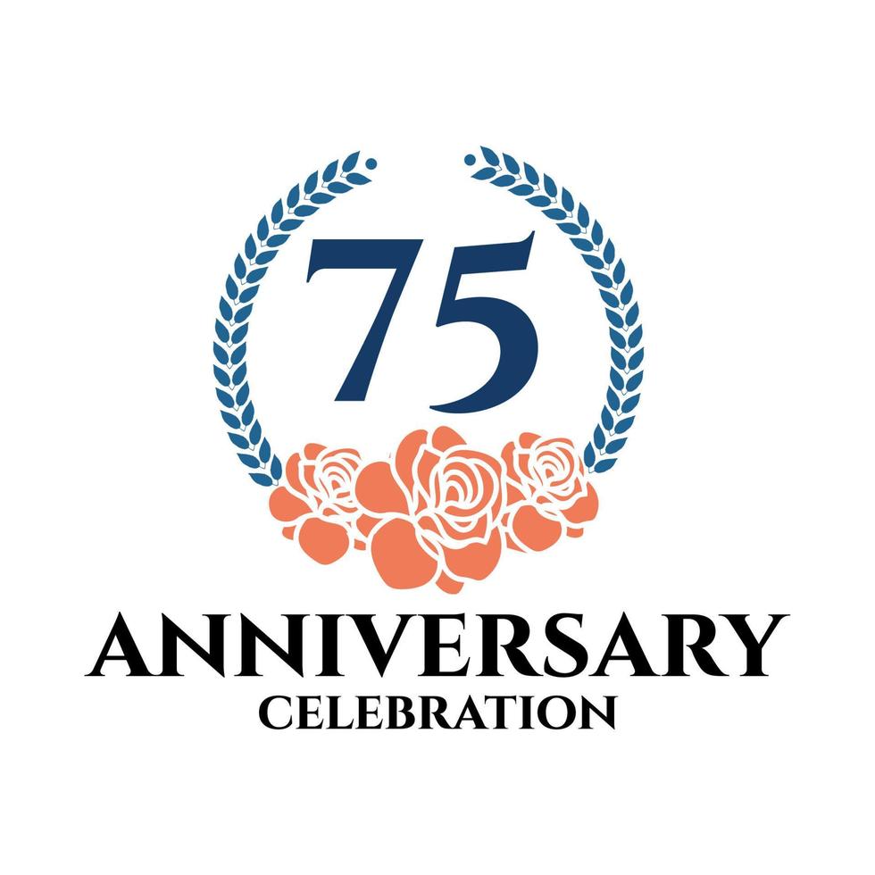 Logo del 75 aniversario con corona de rosa y laurel, plantilla vectorial para celebración de cumpleaños. vector