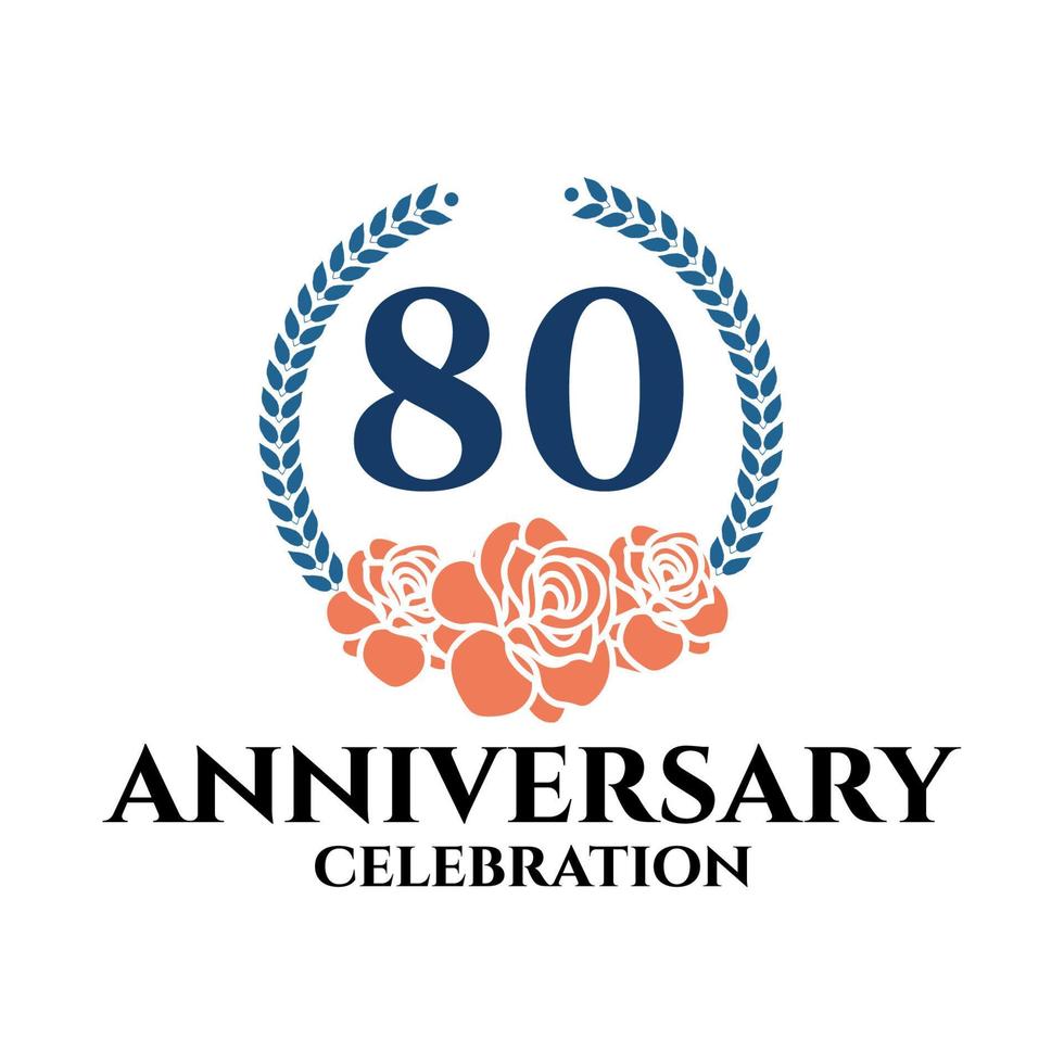 Logotipo del 80 aniversario con corona de rosa y laurel, plantilla vectorial para celebración de cumpleaños. vector