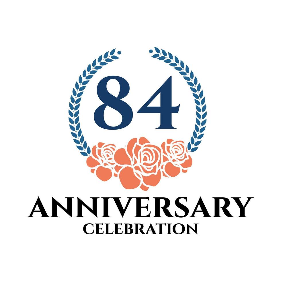 84th anniversary logo with rose and laurel wreath, vector template for birthday celebration.