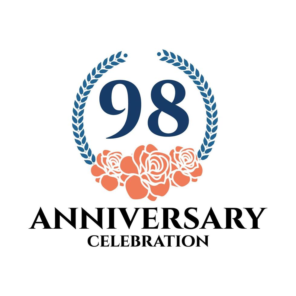98th anniversary logo with rose and laurel wreath, vector template for birthday celebration.