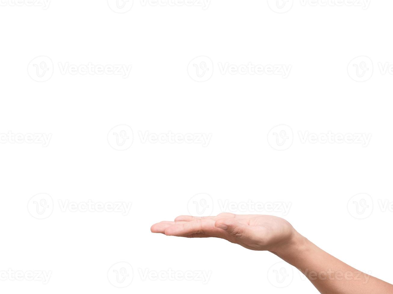mano vacía que muestra un fondo blanco aislado foto