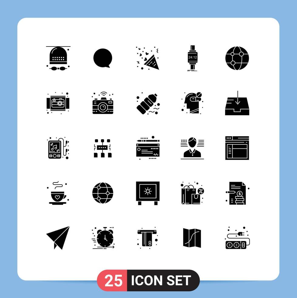 paquete de 25 signos y símbolos de glifos sólidos modernos para medios de impresión web, como elementos de diseño de vectores editables de reloj de celebración de manzana empresarial