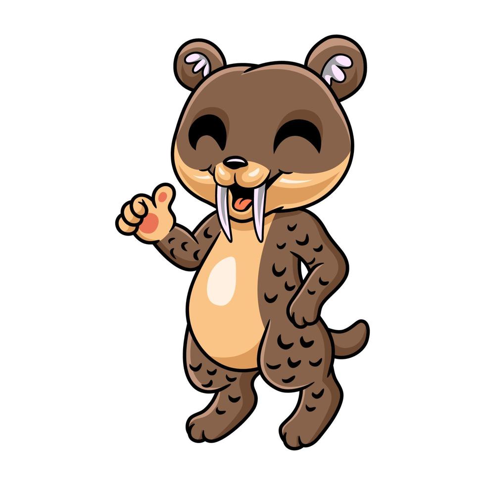 pequeño y lindo dibujo animado de smilodon dando pulgares hacia arriba vector