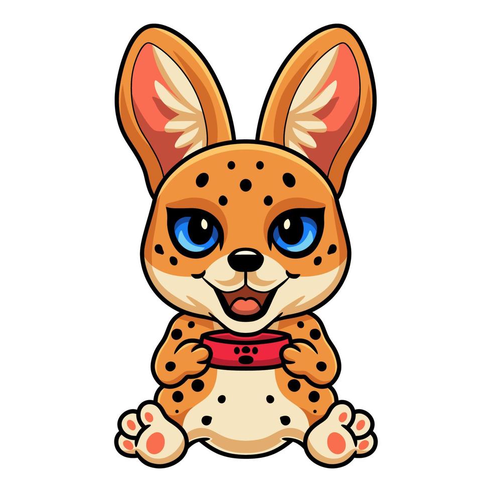dibujos animados lindo gato serval con tazón de comida vector