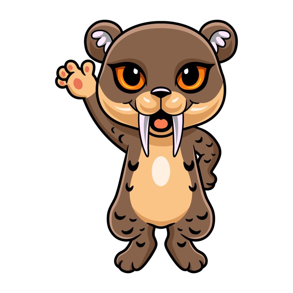 pequeño y lindo dibujo animado de smilodon agitando la mano vector