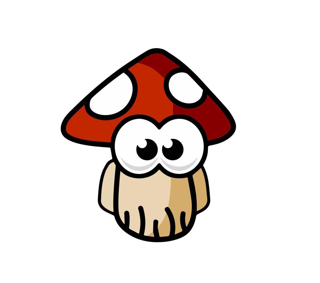 Mushroom character. Funny children drawing with red cap. Cute outline cartoon vector