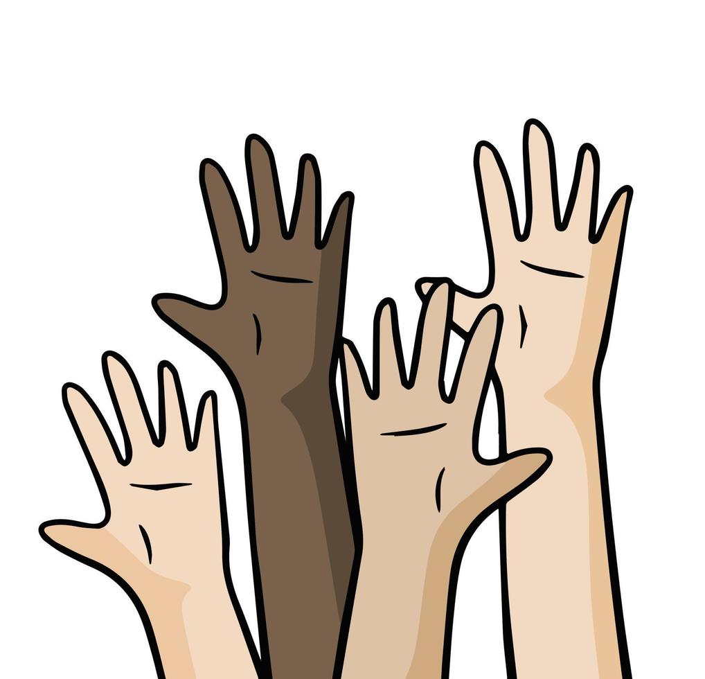 Hands of people with different skin colors. Palms up. Concept of friendship, diversity and multicultural cooperation of children vector