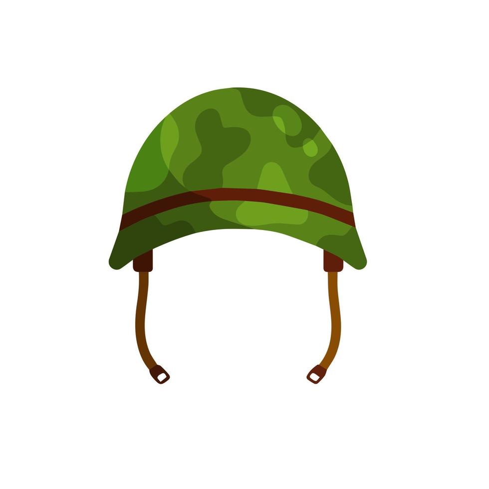 Military helmet of American soldier of World War II. Green protective cap. Ammunition and uniforms. Flat cartoon vector