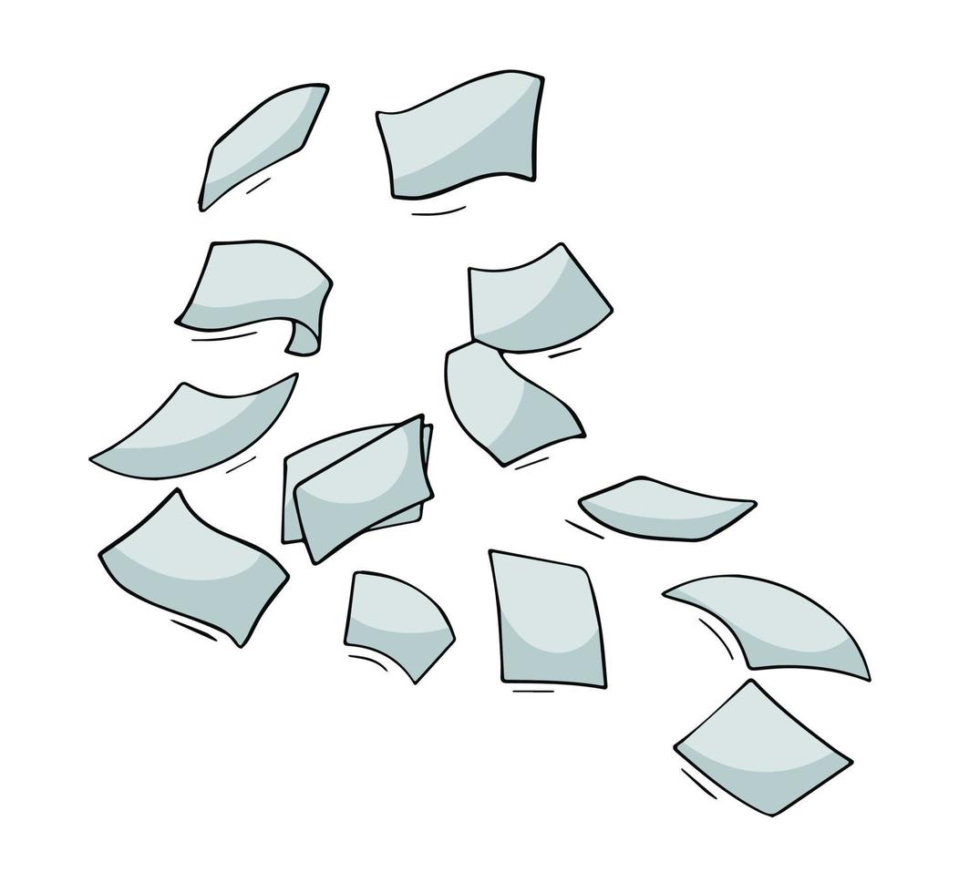 Paper files of documents fall down. Flying sheets. Blank sheet. Office element. Thrown object. White trash. Cartoon outline illustration vector