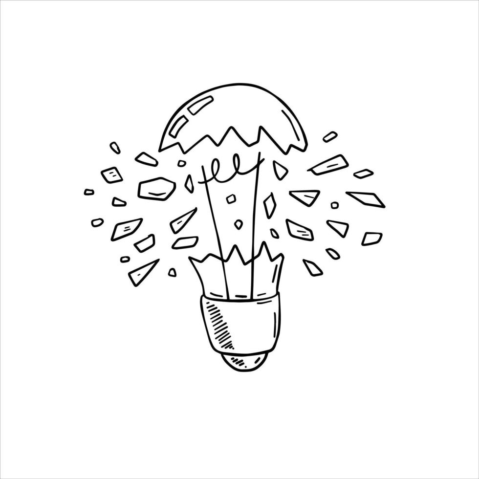 Burst light bulb. Crack in lightbulb. Sketch Shards of glass. Concept of idea and solution of problem. Doodle drawn Electric light. vector