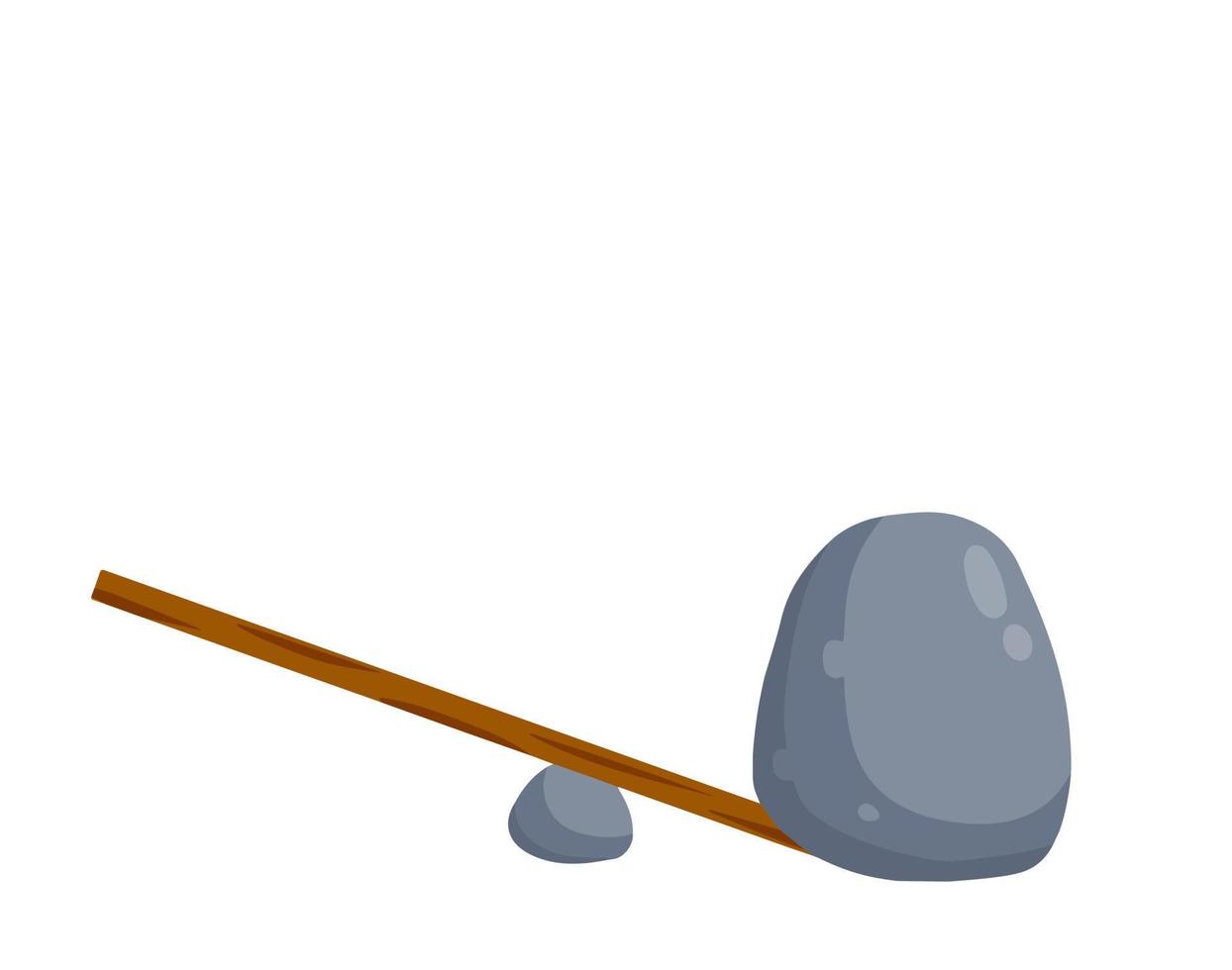 Lever of stick with stone. Lifting heavy cobblestone. Moving the boulder. Balancing and leverage. Flat cartoon vector