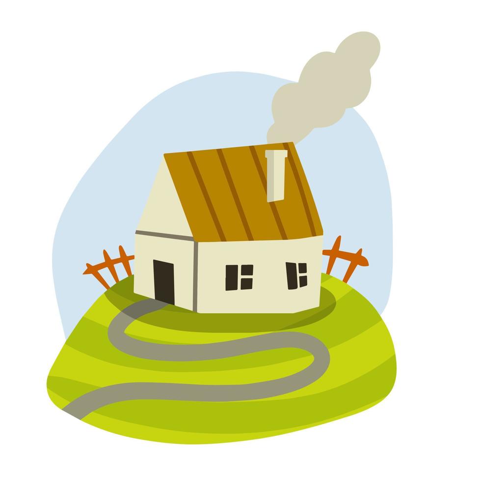 Village house. Rural is a white building with a red roof. Children drawing. Cozy home. Flat cartoon illustration vector