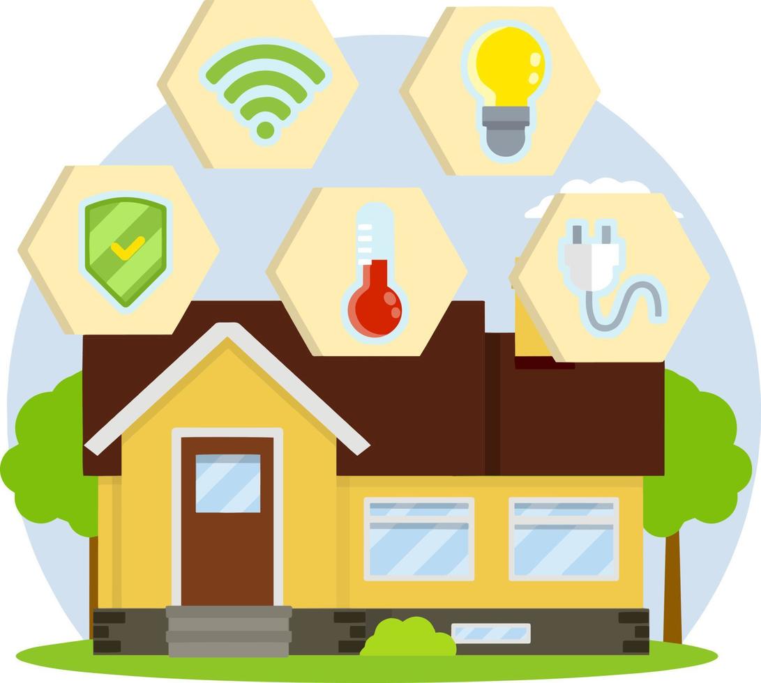 Small house. Suburban one-storey building. Smart house. Online system management. Modern effective communication. Cartoon flat illustration vector