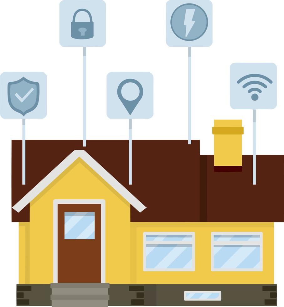 Small house. Suburban one-storey building. Smart house. Online system management. Modern effective communication. Cartoon flat illustration vector