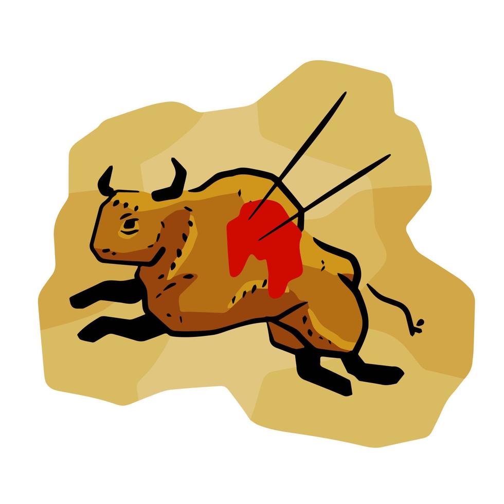 Rock art. Scene of bull hunt. Primitive life. Animal wounded by spear or arrow. Sketch cartoon illustration. Drawing in a cave vector